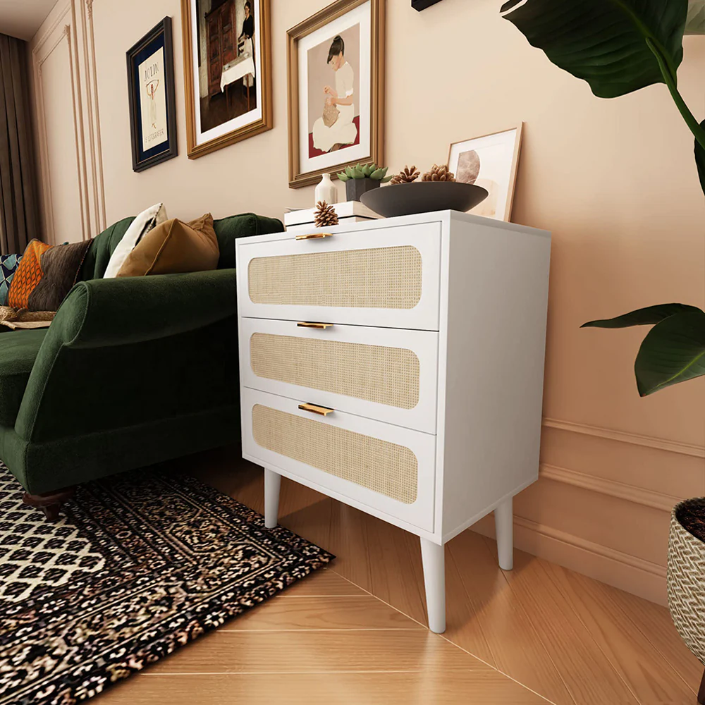 Rattan Nightstand Dresser Table with 3 Drawers