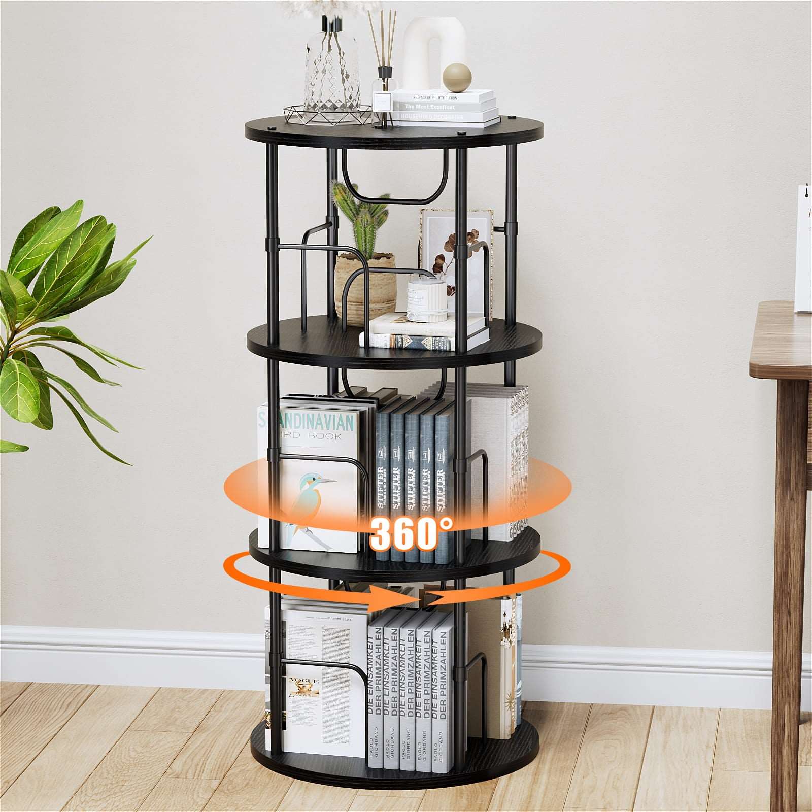 3-5 Tier Rotating Bookshelf With 360° Spinning Display