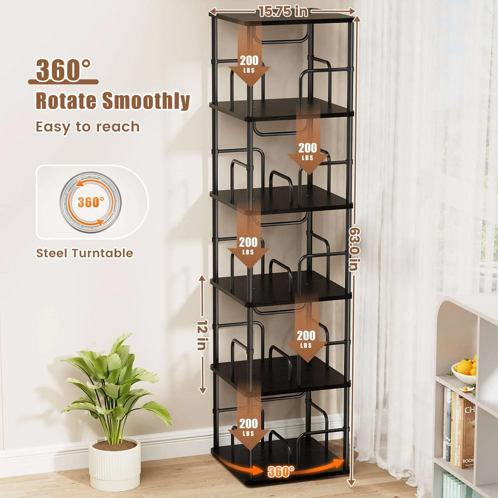 3-5 Tier Rotating Bookshelf With 360° Spinning Display