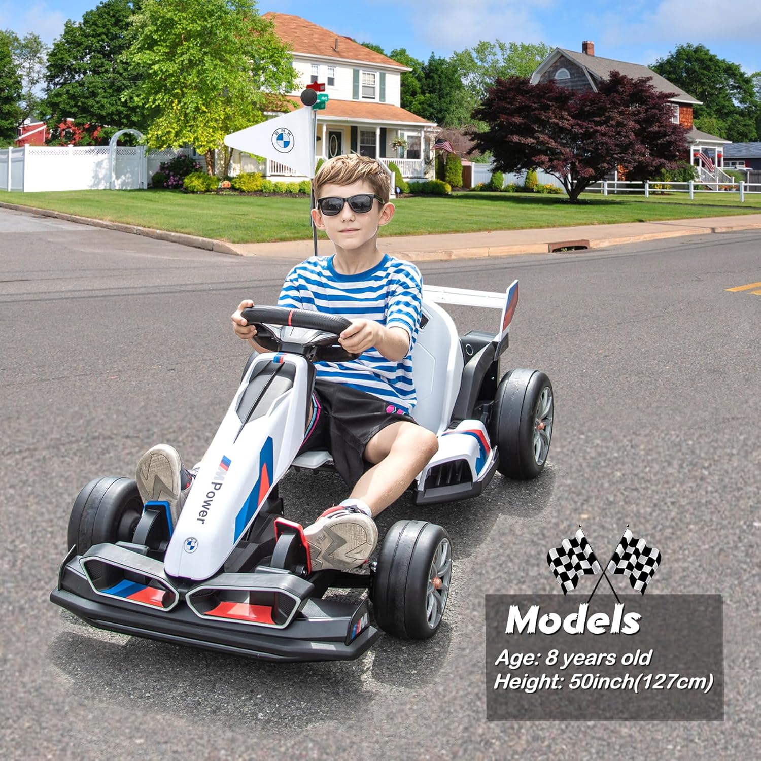 24V 9AH Licensed BMW Electric Go Kart, 7.5 MPH Drift Kart with 400W Motor, Outdoor Driftable Kids Race Pedal Go Karting Car w/Adjustable Seat, Lights, for 6 Years Old, White