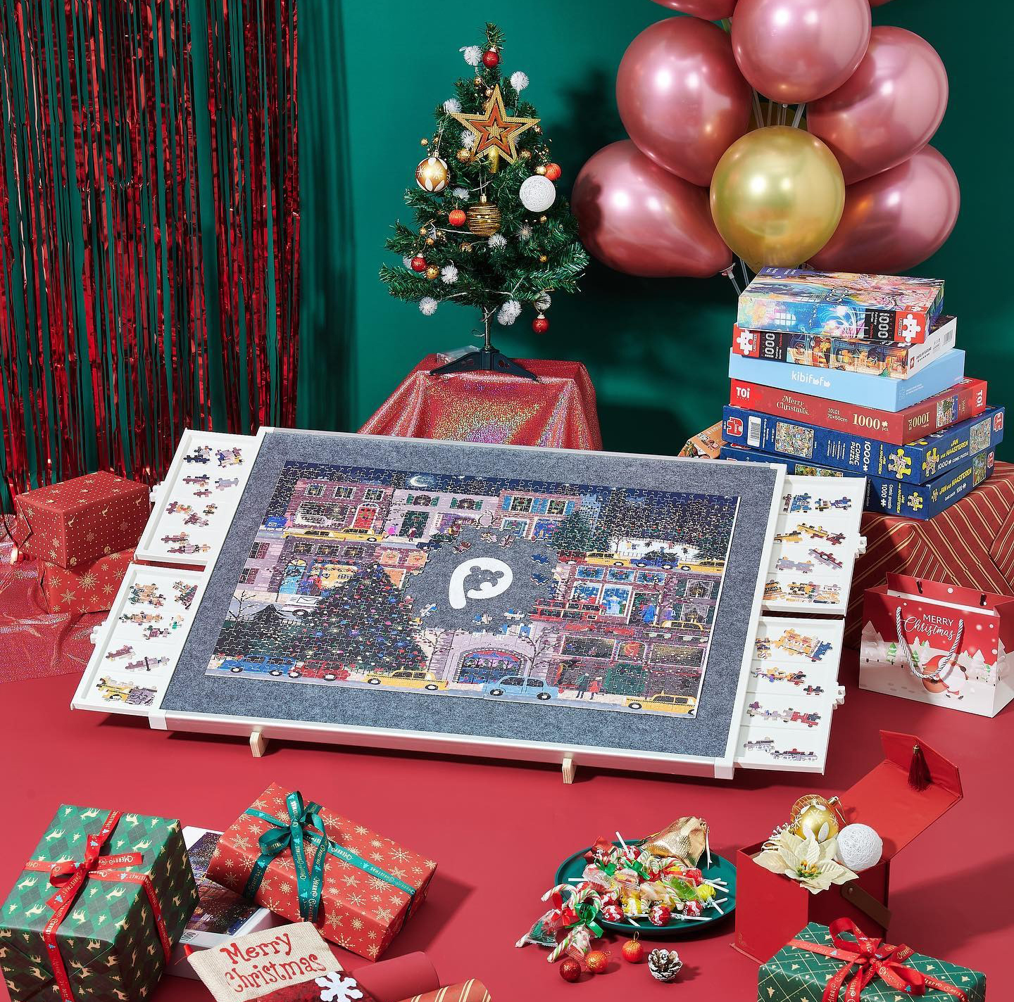 Rotating Puzzle Board with Drawers and Cover,Tilt&Lazy Susan