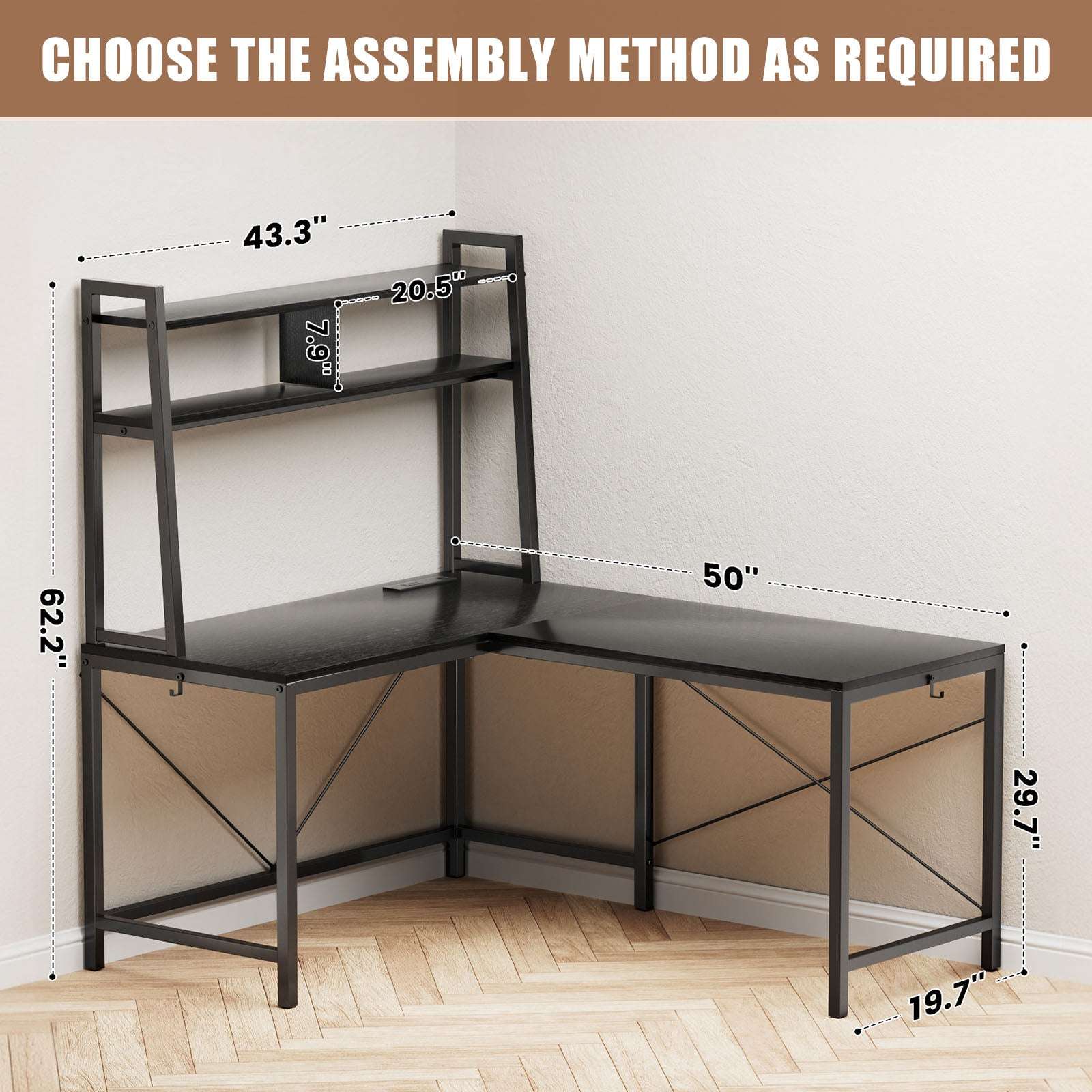 L-Shaped Gaming Desk With Led Lights & Power Outlets