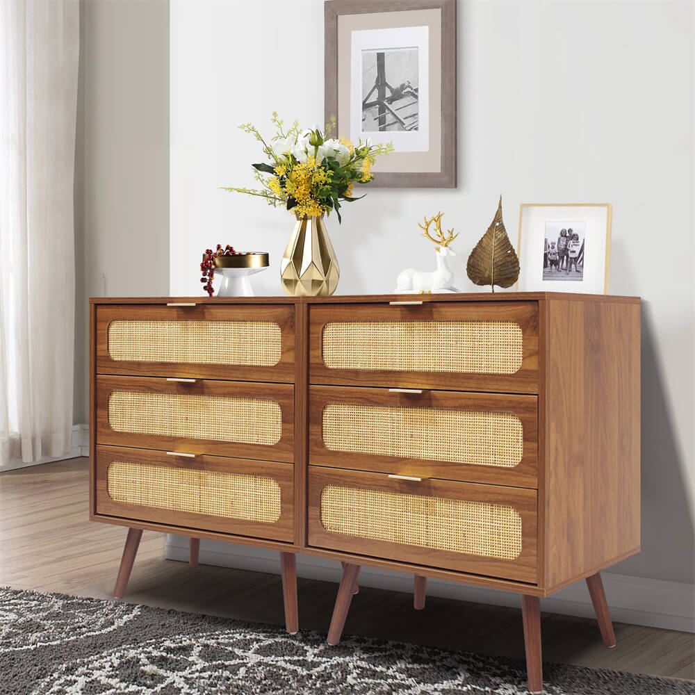 Rattan Nightstand Dresser Table with 3 Drawers