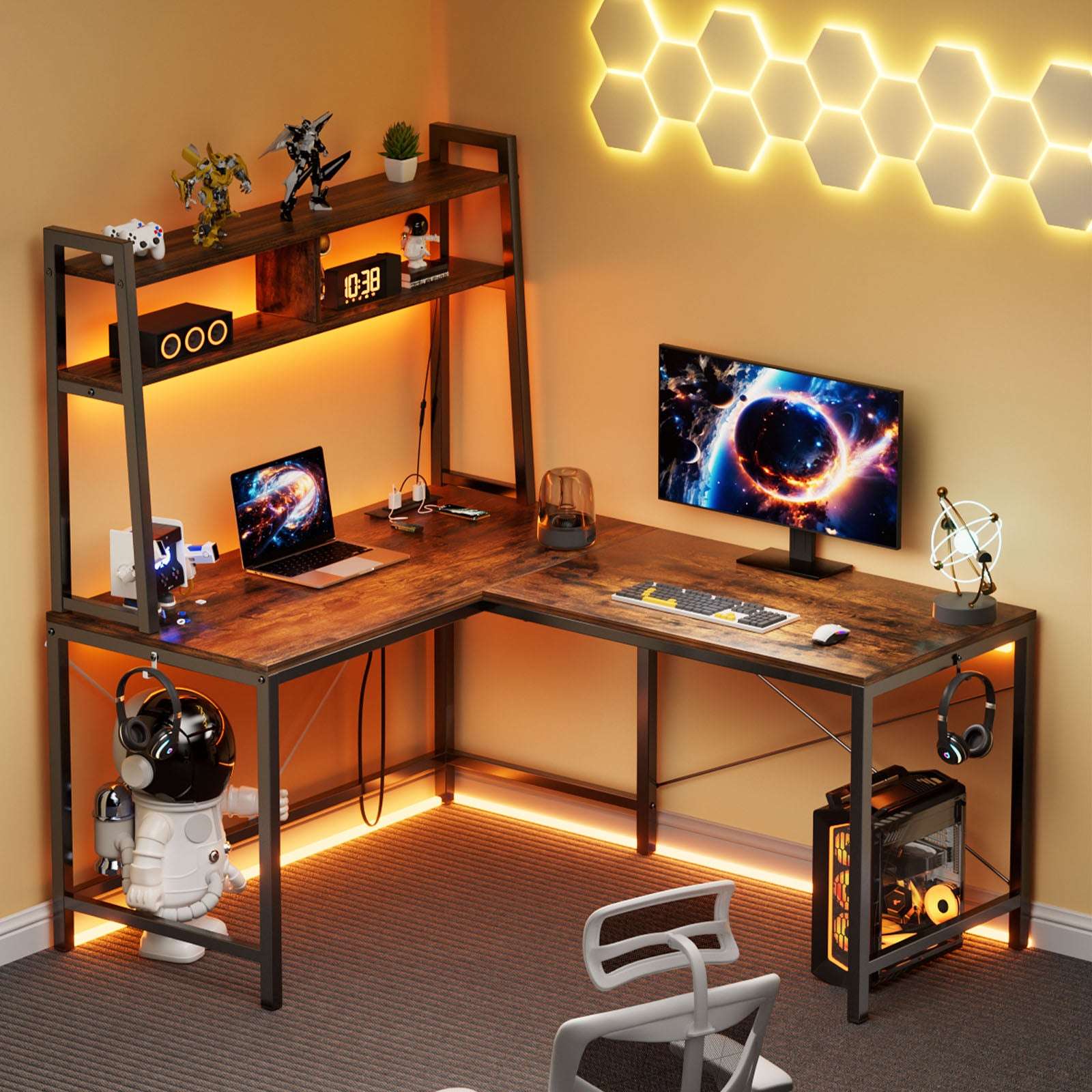 L-Shaped Gaming Desk With Led Lights & Power Outlets
