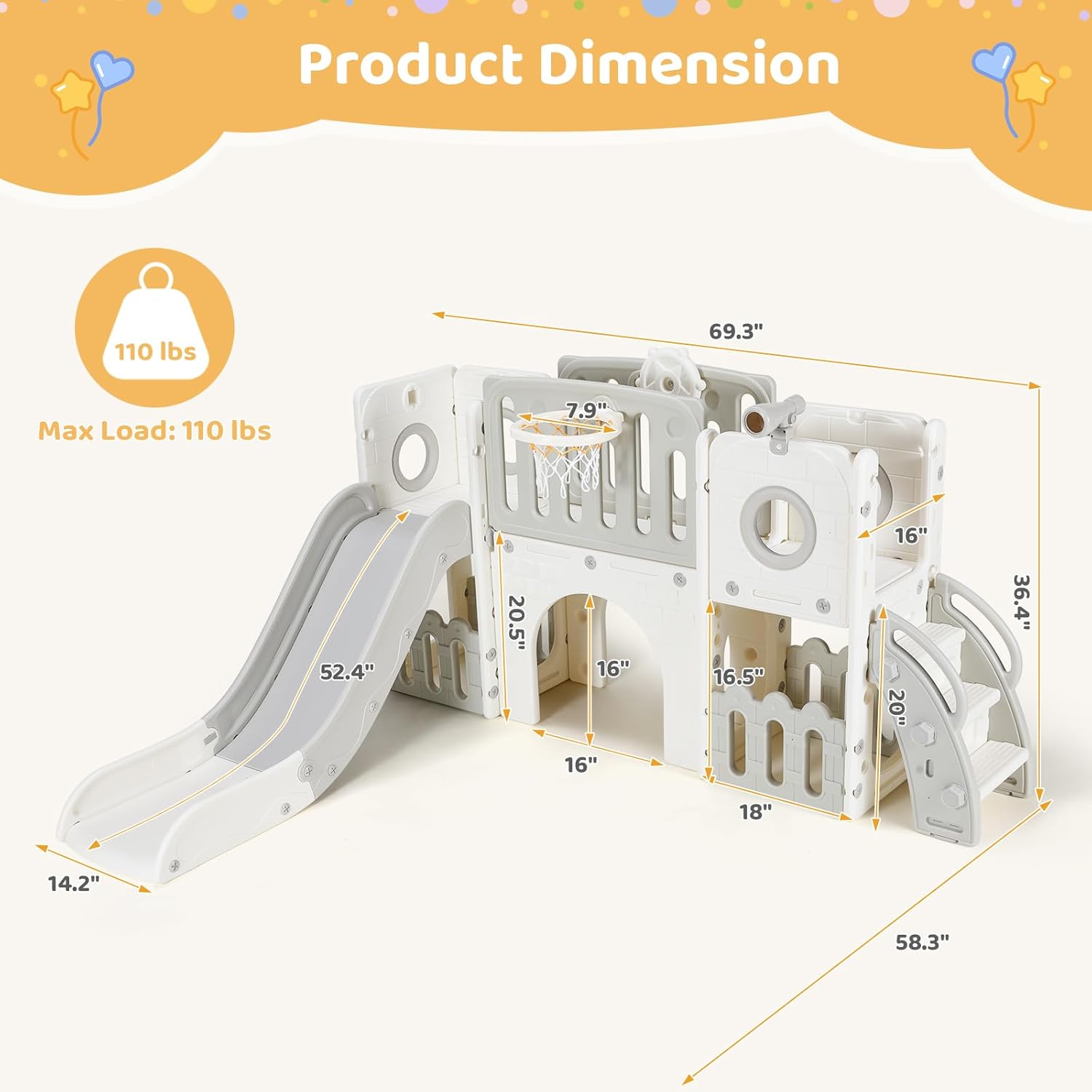9 in 1 Toddler Slide Set, Kids Climber Slide Playset w/Long Slope, Telescope, Storage Space, Enclosed Steps, Indoor Outdoor Playground for Age 3+ Years Old (White & Gray)