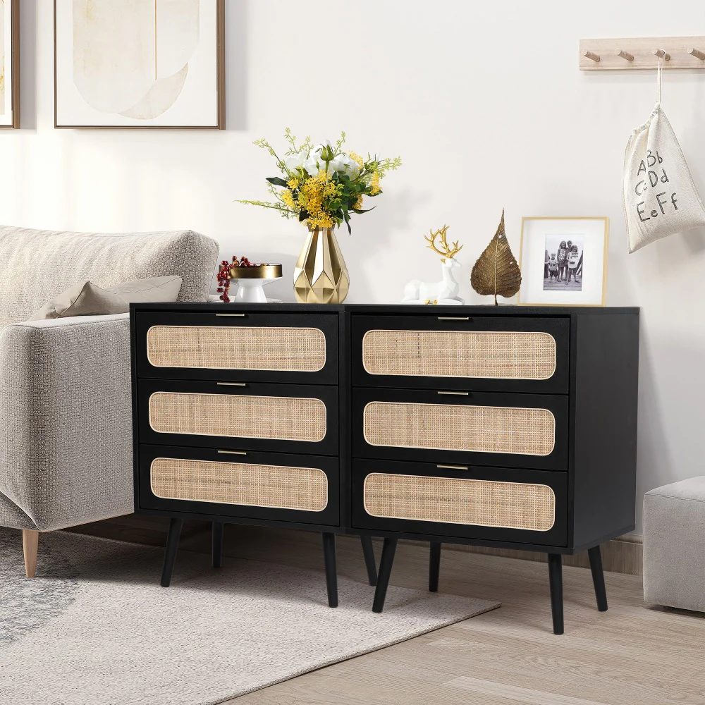 Rattan Nightstand Dresser Table with 3 Drawers