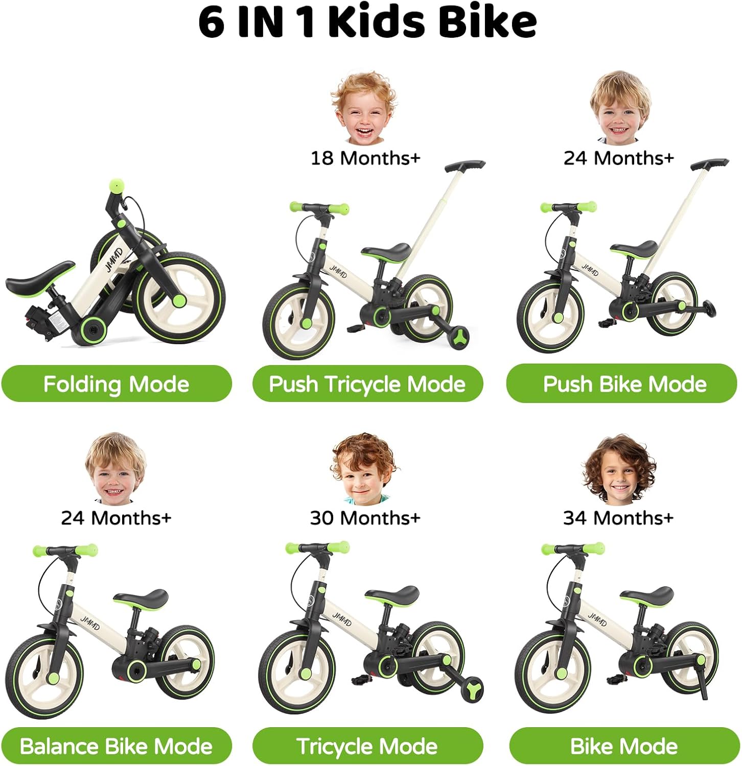 Toddler Bike with Push Handle for Kids 18-60 Months, 6 in 1 Foldable Push Bike with Training Wheels, Pedals, Brakes, Kickstand, Kid Balance Bike Gift & Toys for Boy & Girl