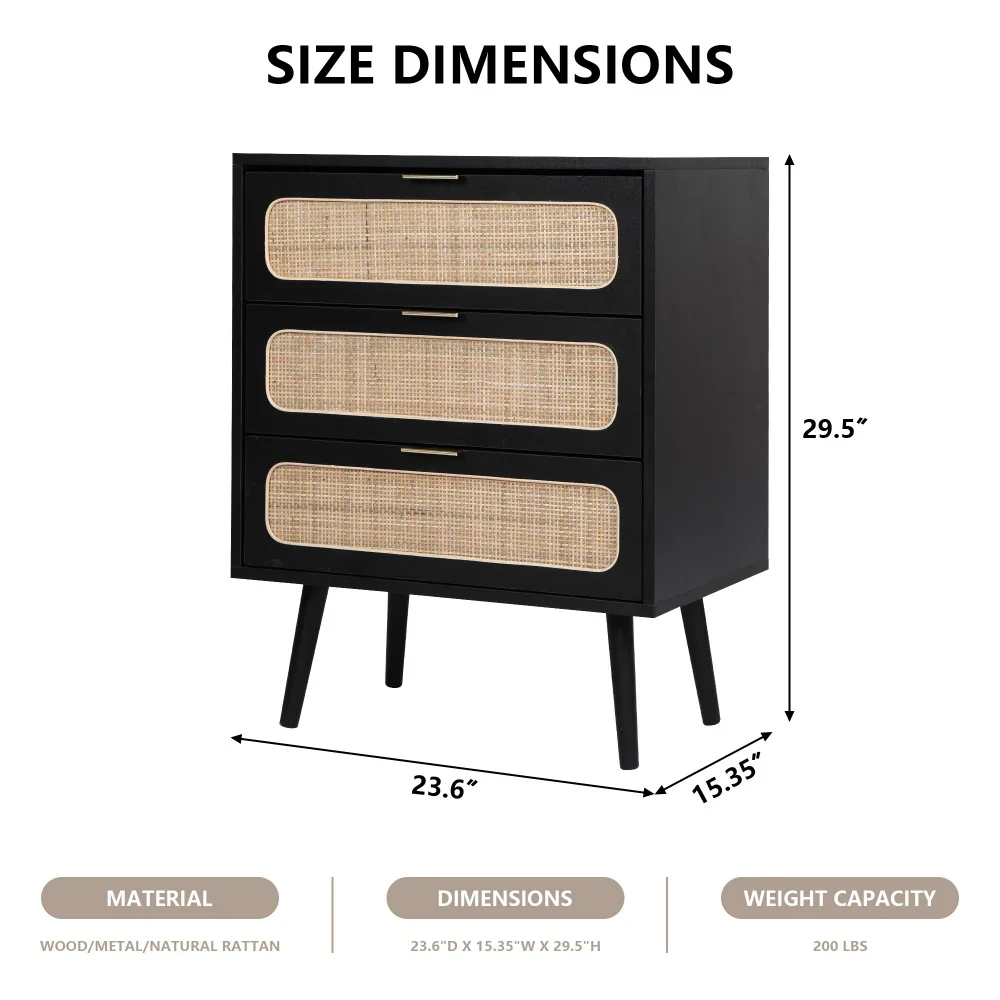 Rattan Nightstand Dresser Table with 3 Drawers