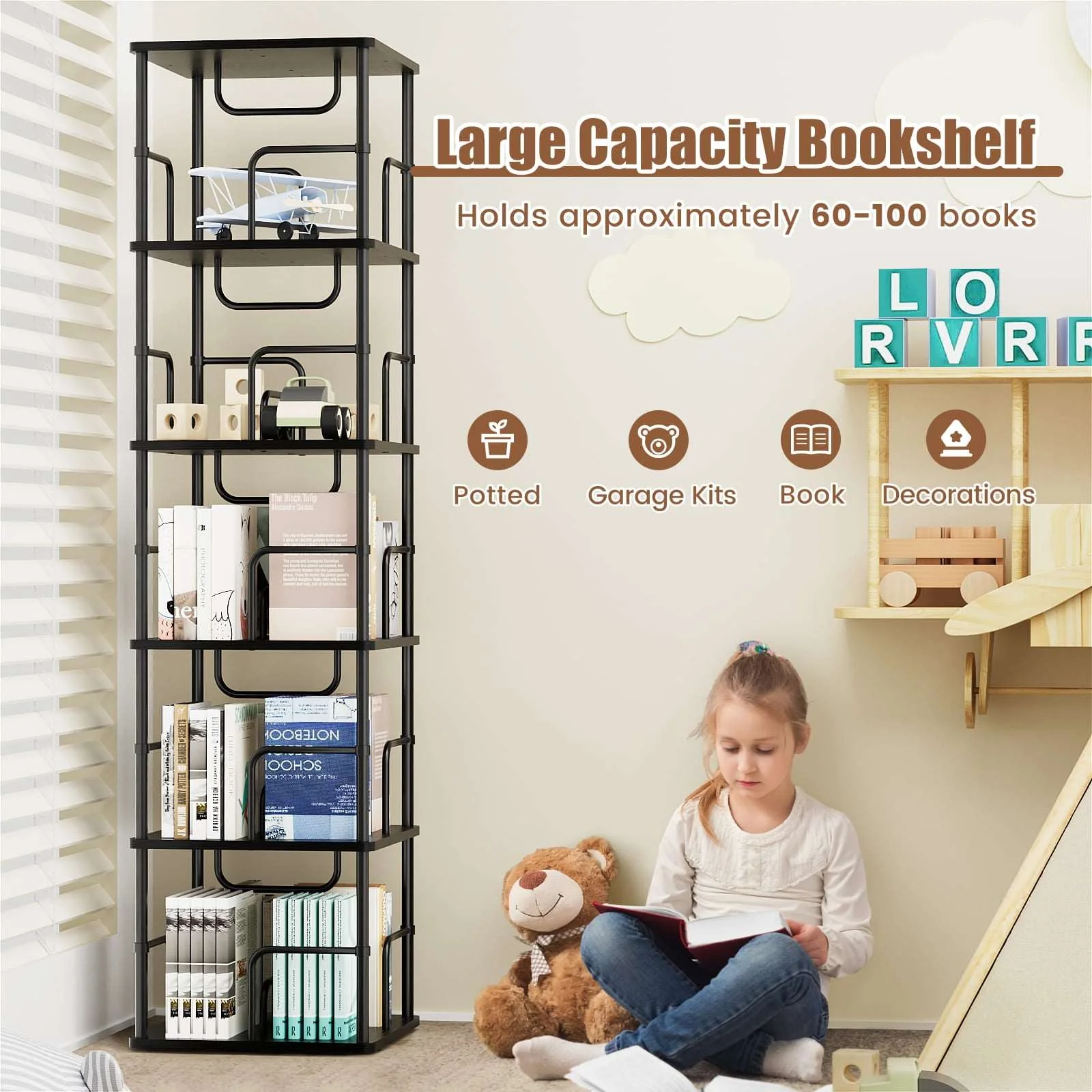 3-5 Tier Rotating Bookshelf With 360° Spinning Display