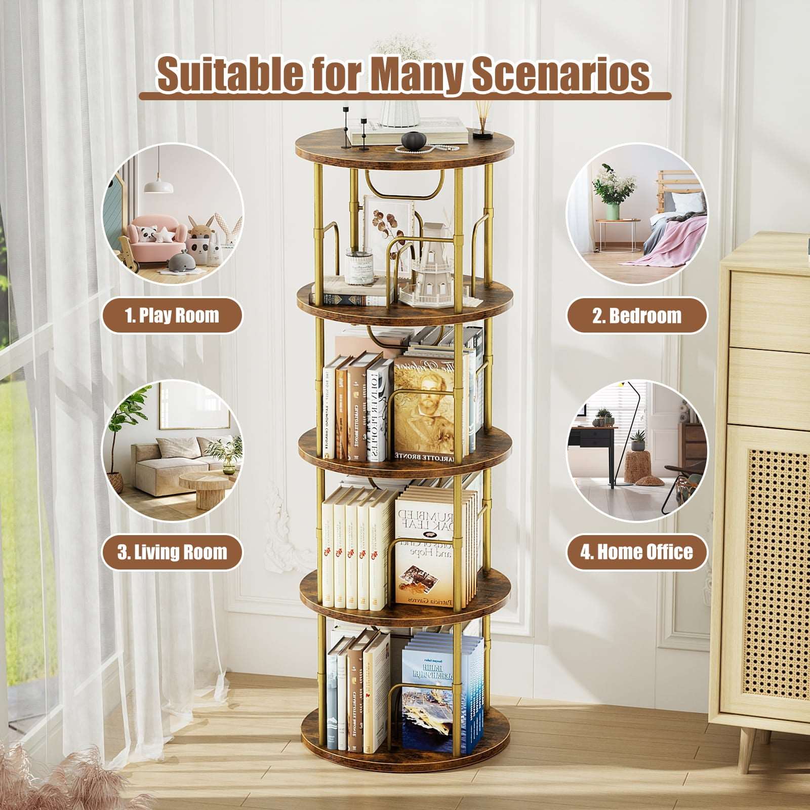 3-5 Tier Rotating Bookshelf With 360° Spinning Display