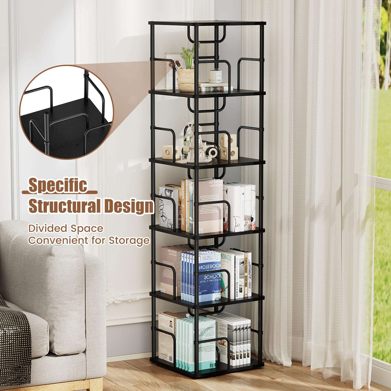 3-5 Tier Rotating Bookshelf With 360° Spinning Display