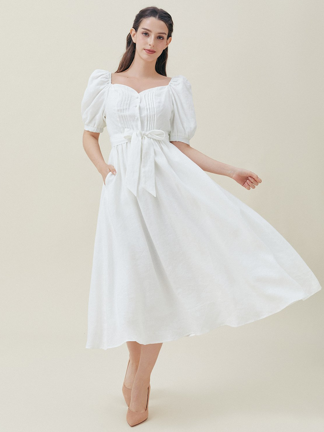 Plain Wedding Square Neck Regular Fit Short Sleeves Dress, White