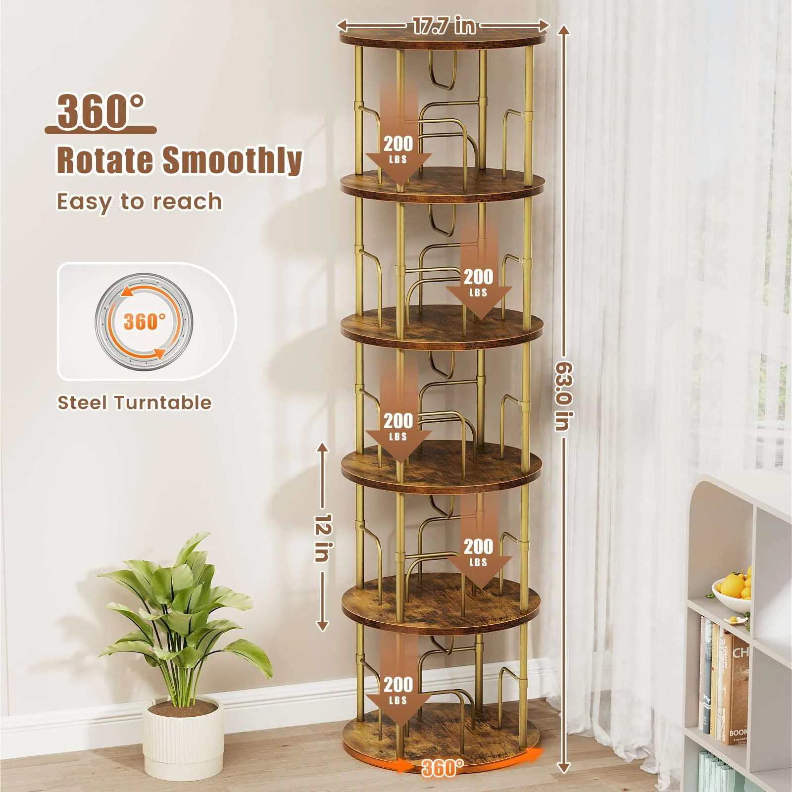 3-5 Tier Rotating Bookshelf With 360° Spinning Display