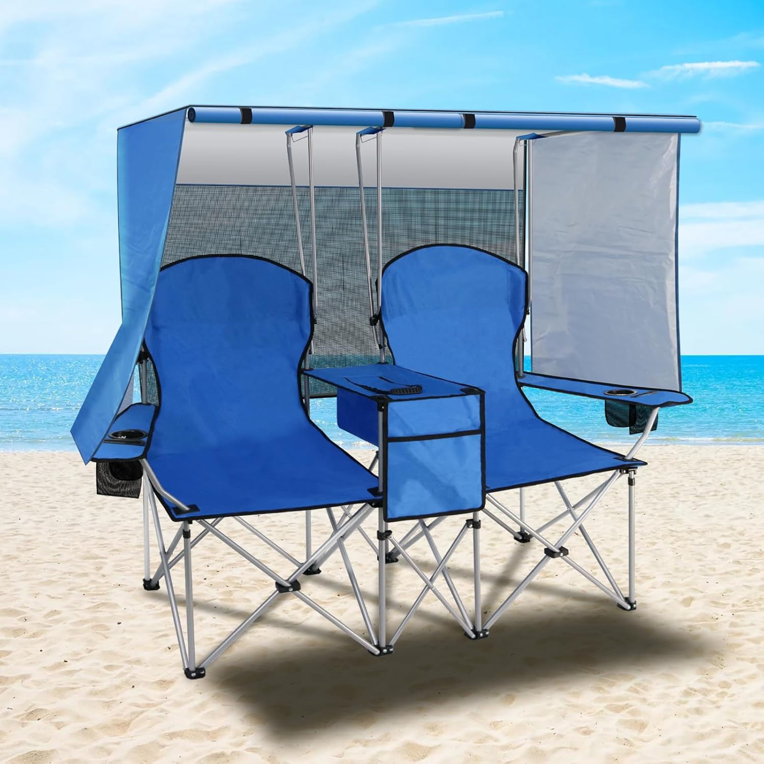 PLKO Portable Double Camping Chair with Canopy Shade