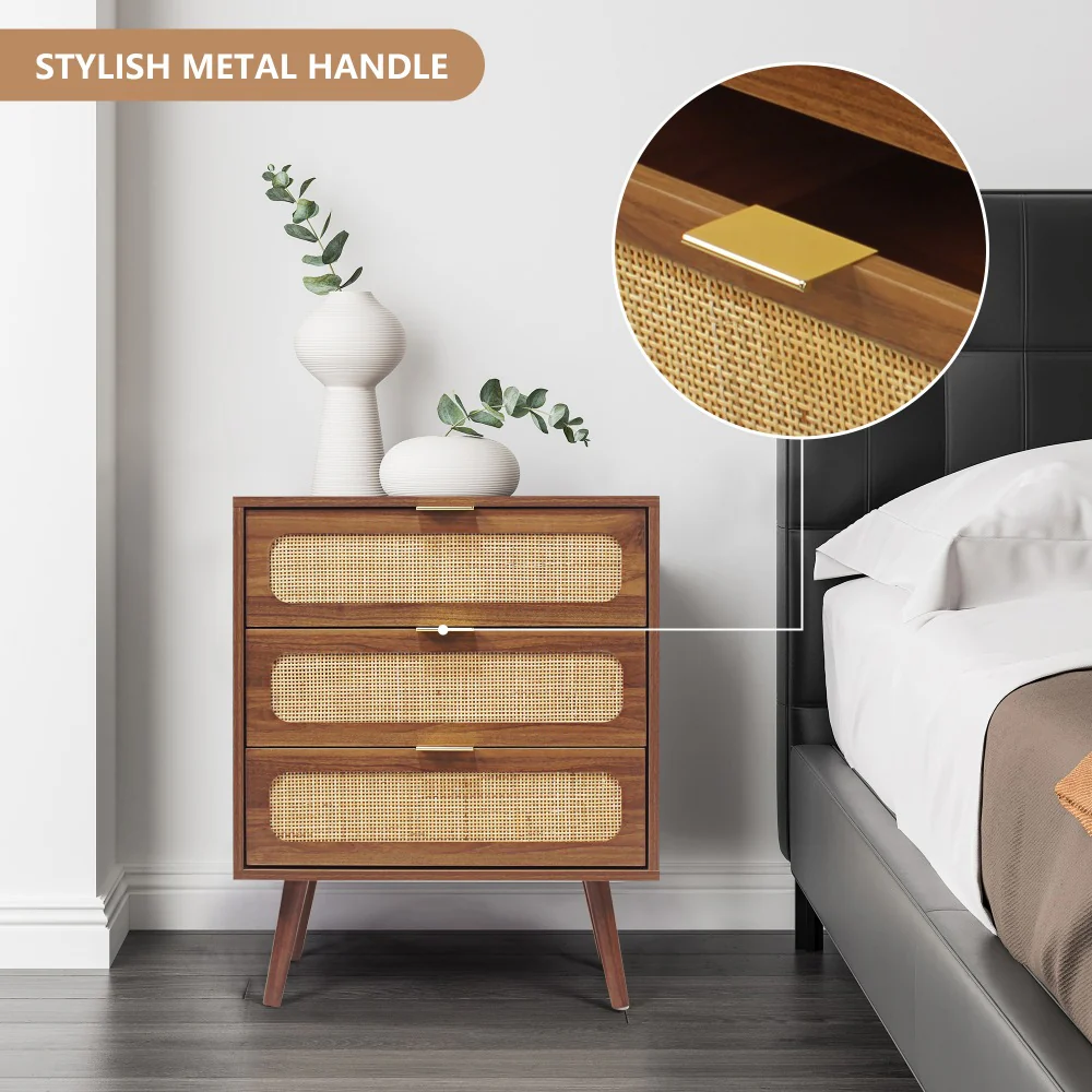 Rattan Nightstand Dresser Table with 3 Drawers