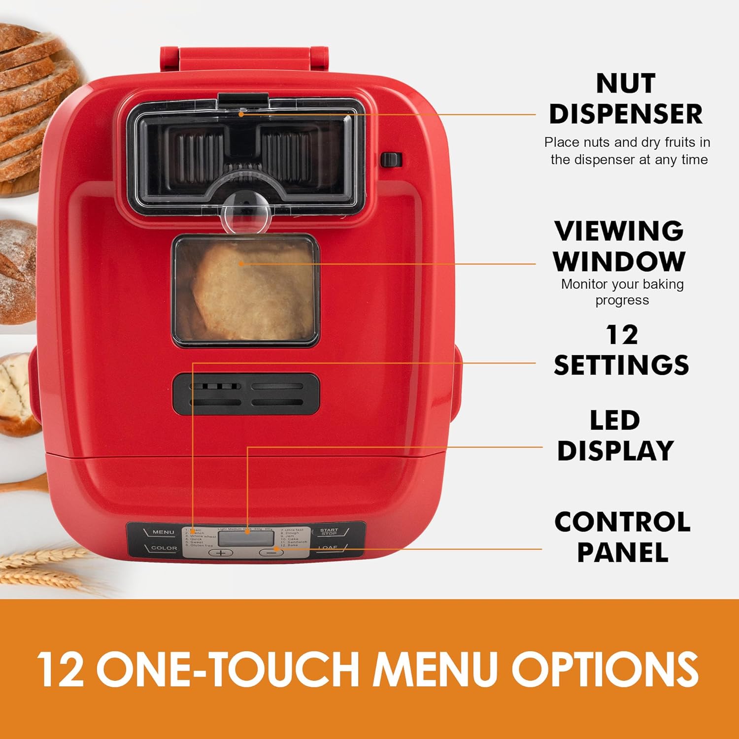 Bread Machine, Kitchen in the box 2LB 12-IN-1 Bread Maker, Gluten-Free Setting, Auto Fruit Nut Dispenser & Nonstick Pan, 2 Loaf Sizes,13H Reserve & 1H Keep Warm