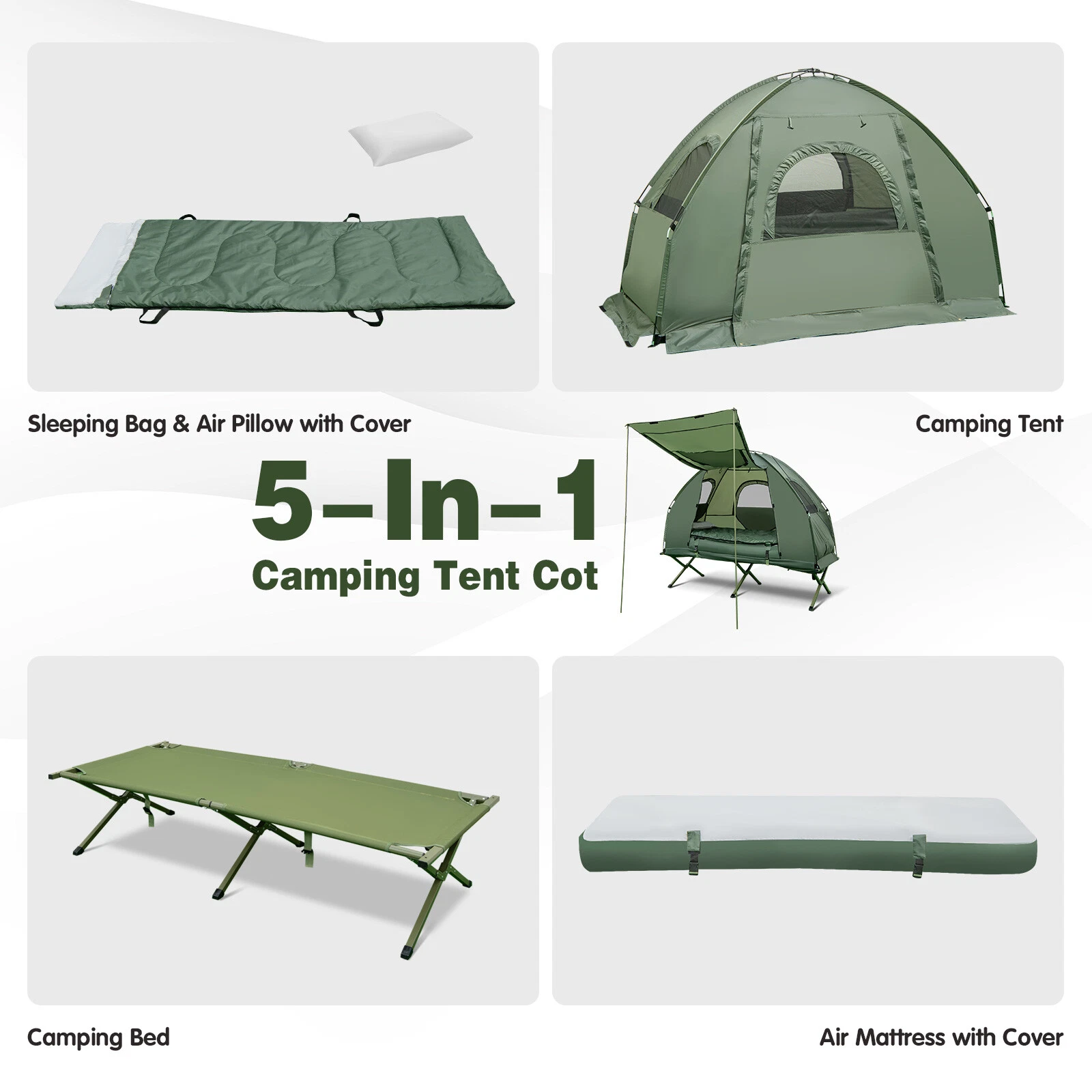 1-Person Portable Pop-Up Tent Waterproof Camping Cot with Sleeping Bag