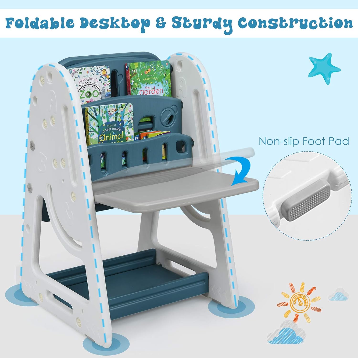 Kids Art Easel with Stool, 3 in 1 Double-Sided Magnetic Dry Erase Board and Kids Book Rack with Foldable Desktop, Adjustable Standing Easel with Letters and Number Magnets