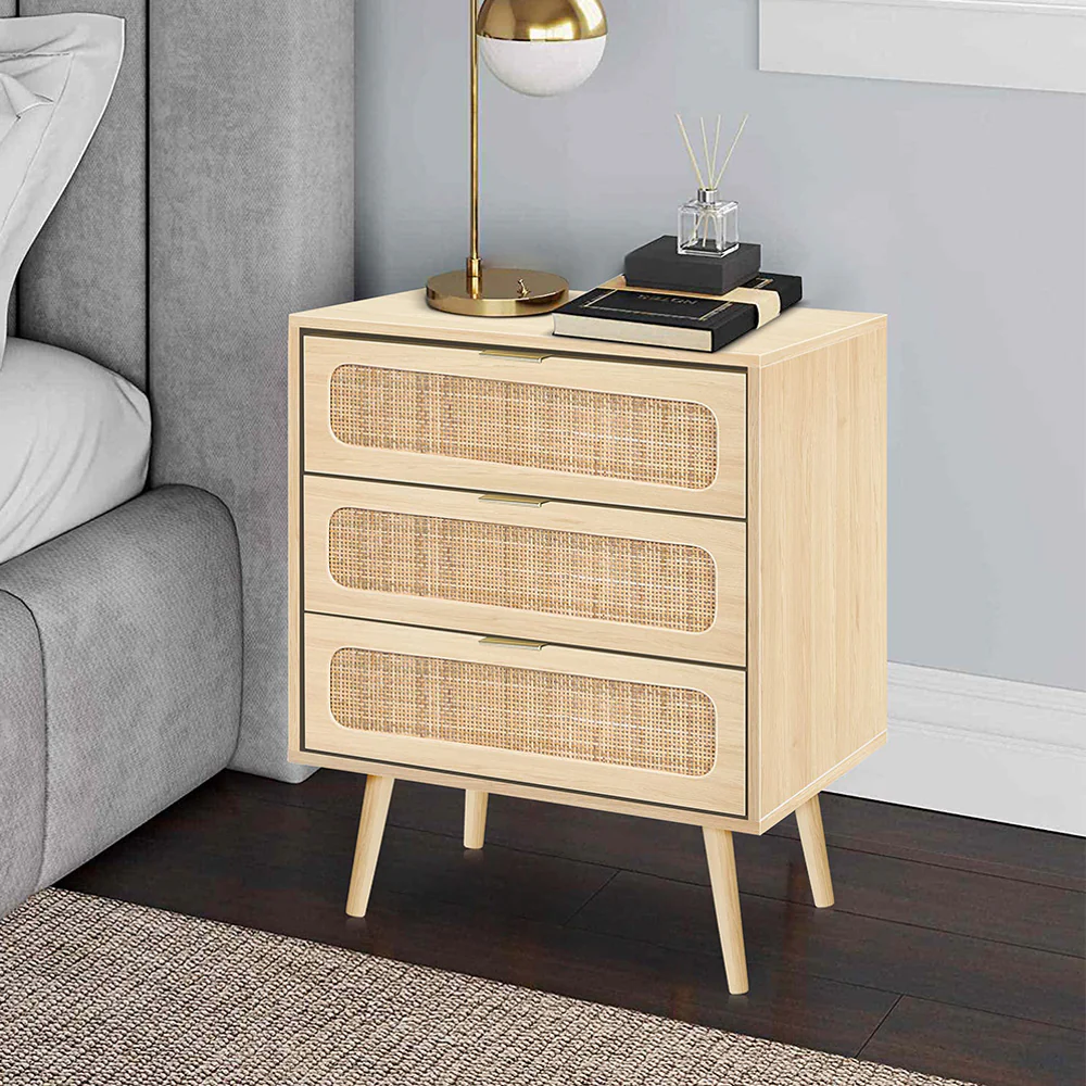 Rattan Nightstand Dresser Table with 3 Drawers